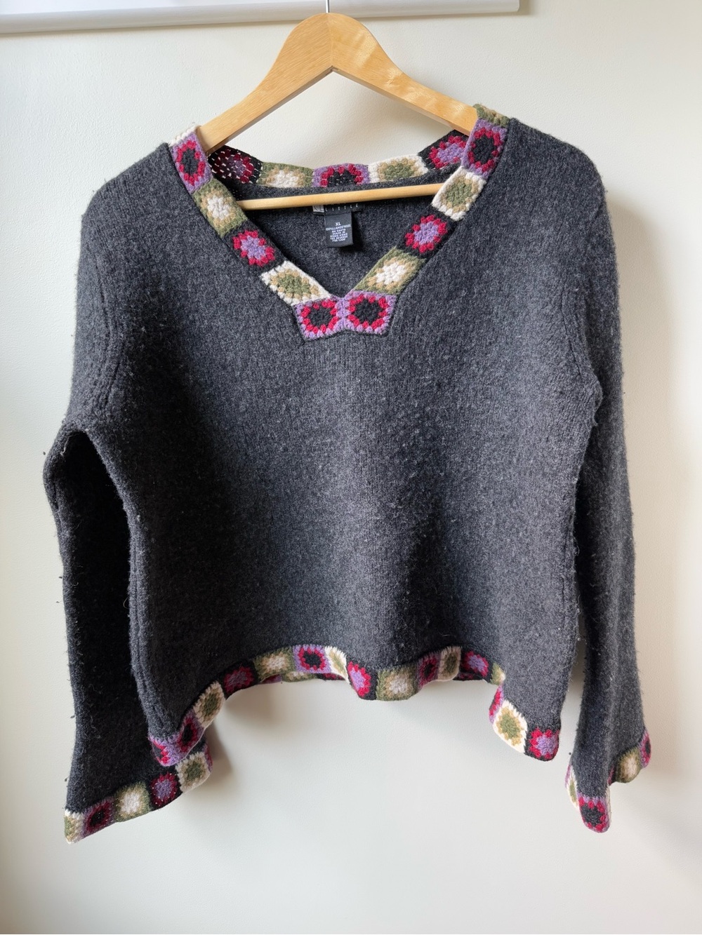 Vintage Granny Square Sweater Cottagecore Boho Grandma Lambswool Boxy Gray‎ M